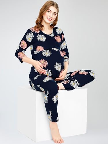 Image of ZEYO Cotton Blend Women's Cotton Floral Printed Nursing & Maternity Night Suit Set Of Top & Relaxed Pyjama Feeding Night Dress 5804