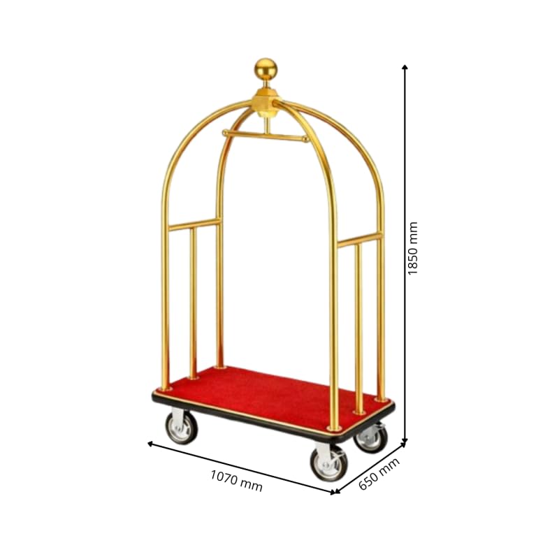 Carrito de Equipaje para Hotel - Dorado - Acero Inoxidable - Plataforma con moqueta roja - 4 Ruedas - Lujo Profesional