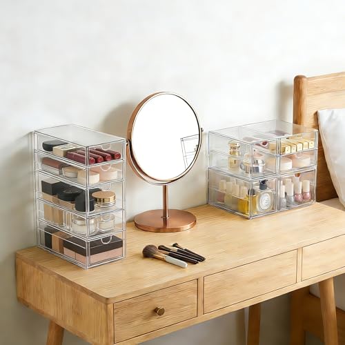 Image of Prsildan Acrylic Drawer Makeup Organizer with 9 Drawers, Set of 3 Office Desk Organizers Accessories, Clear Stackable Storage Drawers for Vanity, Countertop, Craft, Jewelry, Art Supply Organization