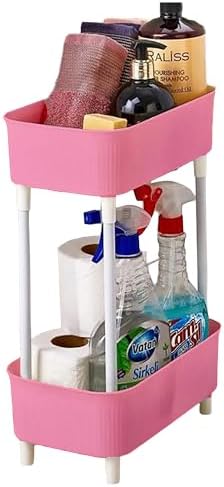 Promosyonca Çok Amaçlı 2 Katlı Dolap İçi Düzenleyici, Banyo Mutfak Organizer Raf (Pembe) - Görsel 2