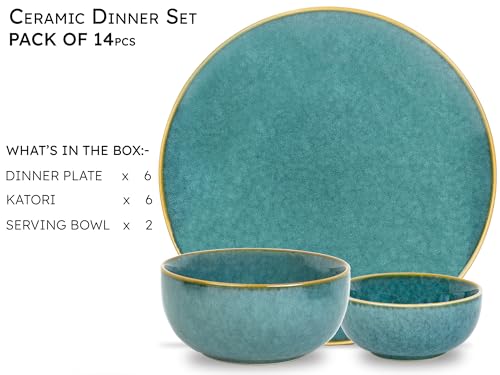 Image of Bodhi House Ceramic Dinner Set, 14 Pieces, Handmade Reactive Glaze Dinnerware, Stoneware Dining Sets Serving for 6, Microwave, Dishwasher Safe, Glossy Finish Crockery Set for Gifting, Ocean Green