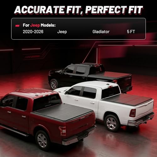Image of BDFHYK Tri-Fold Truck Bed Tonneau Cover for Jeep Gladiator 2020-2026 5 FT Bed Heavy-Duty Truck Bed Protection Durable Aluminum Panels Hard Folding Tonneau Cover, Waterproof for Truck Camping