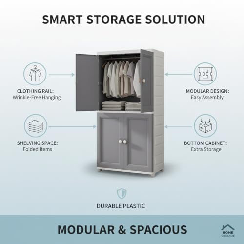Image of EXVITO Plastic Wardrobe for Cloth with Drawers & Hanging Rod | Baby Cupboard for Clothes Storage | Foldable Collapsible Plastic Almirah for Kids | Cartoon Design Cabinet for Bedroom (Grey, 4 Door)