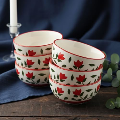 Image of Freakway Ceramic Tulip Small Bowls, 180ml Capacity, 4.1 inch Diameter Mini Dessert & Snack Bowls with Red Floral Design, Microwave & Dishwasher Safe Porcelain, Set of 6