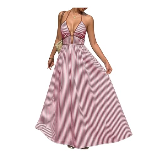 JIARY Vestidos Verano Mujer Casual 2026, Vestido Playa Mujer, Vestido Largo De Verano con Escote En V Profundo, Tirantes Cruzados, Estampado De Rayas Rosa, Espalda Descubierta,XL