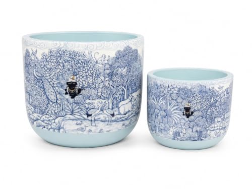Image of Glass Finish Terracotta Planter Pot for Home Decor | Flower Pot | Blue and White, Vrindavan Forest Krishna and Peacock Theme, 11.4cm x 10cm