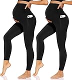 Sundwudu 2 Pack Maternity Leggings Over The Belly-Women High Waisted Pregancy Yoga Pants Workout Active with Pockets