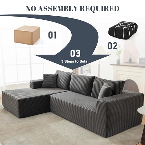 110” Cloud Sectional Couch, Boneless Sofa for Living Room, Modular Sectional Sofa with Deep Seat, Comfy Fluffy Couch with L-Shaped Chaise, No Assembly Required (Left-Facing Chaise, Dark Grey)