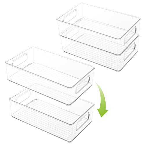 TIMART 4 Pack Organization Storage bins, Stackable Refrigerator Organizers with Handles, Plastic Storage cabinets for Freezer, Kitchen, Countertops, Pantry Food Storage Rack