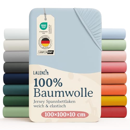 Laleni Basic Spannbettlaken für Laufgitter quadratisch - Atmungsaktives Spannbetttuch, 100% Baumwolle (135 g/m²), Oeko-TEX 100 Zertifiziert, 100x100 cm, Hellblau
