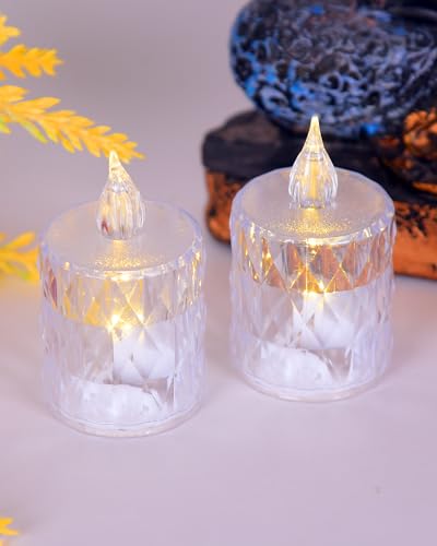 Image of Homesake Flameless Crystal Candle, Diamond-Shape Candle, 12 Pieces Tea Lights, Warm White, for Weddings, Tables, Diwali for Home, Christmas Festive Decor, Led Candles for Decoration(1.5 inch 3.1 inch)