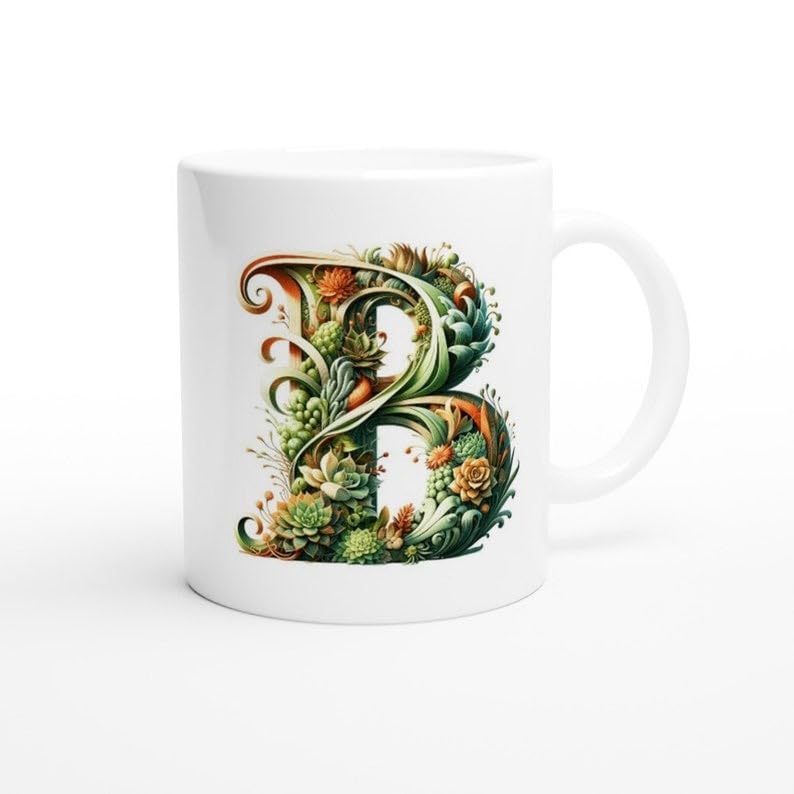 Aastha Imagine Media Succulent Monogram Mug/Personalized Letter Mug/Alphabet Gift/White 11oz Ceramic Coffee Mug (I)