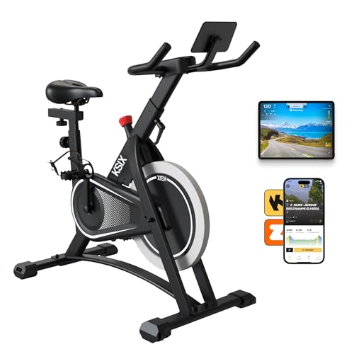 KSIX Bicicleta Estática Indoor KB01 con Resistencia Magnética Ajustable y Transmisión por Correa, Soporte para Tablet y Smartphone, Compatible con apps Kinomap y Zwift, Negro