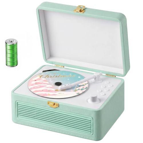 Gueray CD Player Portable Bluetooth: Retro CD Players with Speakers Vintage CD-Player 3600mAh Rechargeable & Radio & Remote Control Support USB/AUX Playback Headphone Jack (Green)