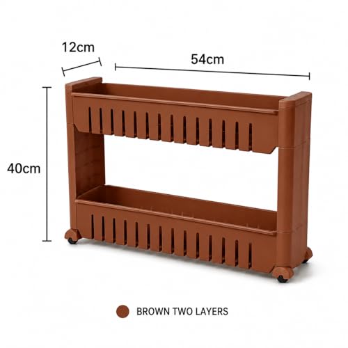 Image of JD FRESH 2-Tier Slim Rolling Storage Organizer Rack /Fridge Side Storage Rack /Plastic Trolley Storage Stand with Wheels /Floor Standing Cabinet for Bathroom and Kitchen Corner Area (Brown)
