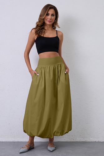 Jeaamksser Y2K Bubble Maxi Skirts For Women A Line Long Pleated Casual Summer Skirts 2024 Elastic Waist Balloon Midi Skirt # Green S thumb #4