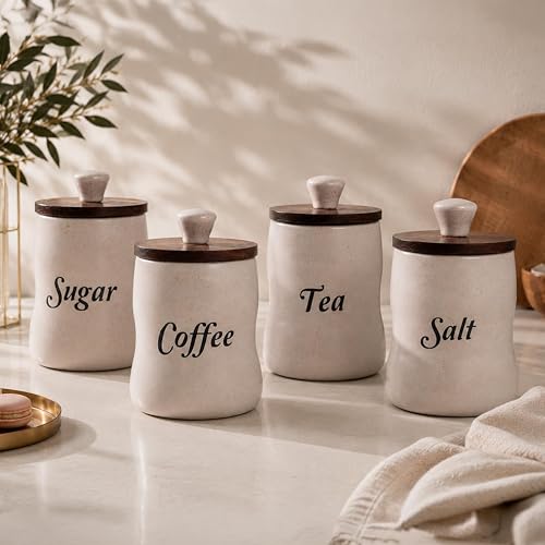 Image of Ceramic Tea Coffee Sugar Salt Containers Set of 4 with Wooden Lids | Jar and Container for Kitchen Storage Set | Multi Utility Air Tight Kitchen Organizer Items (Hand-Painted, 330 ML)