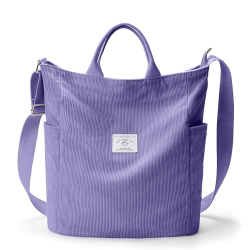 KALIDI Bolso de mano de pana, bolso cruzado de gran capacidad, con cremallera, para mujeres, niñas, escuela, universidad, compras, trabajo, Violet, Large