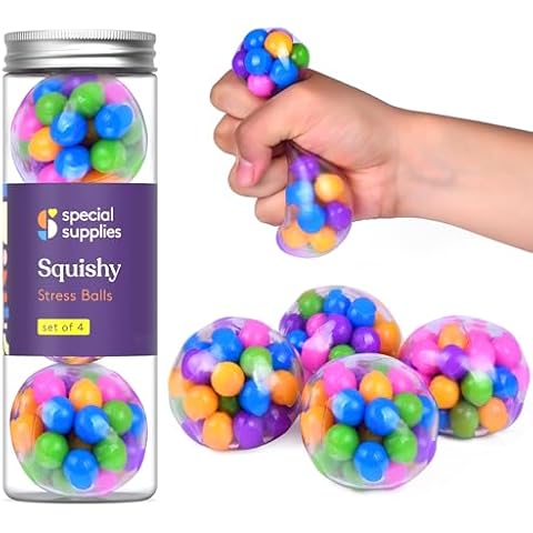 Squishy Stress Ball Squeeze, Color Sensory Toy, Relieve Tension, Anxiety, ADHD, Home, Travel and Office Use, Fun for Kids and Adults (4-Pack) Cover