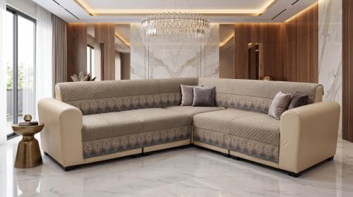 Image of KINGLY L-Shape Sofa Cover 5 Seater 3+2 Velvet Full Cover - Italian Mousse | Fully covered quilted velvet slipcover, washable anti-slip furniture protector, L-type corner sofa cover for living room
