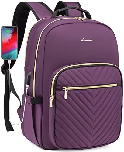 LOVEVOOK Laptop Backpack Purse for Women, Work Business Travel Computer Bags, Nurse Backpack for Womens, Quilted Casual Daypack with USB Port, Fit 15.6 Inch Laptop, Deep Plum