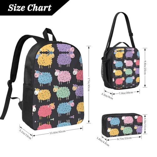 Cute colorful sheep cartoon pattern print Backpack 3pcs Set Including 17 Inch Large BookBag With Lunch Bag And Practical Pen Bag4