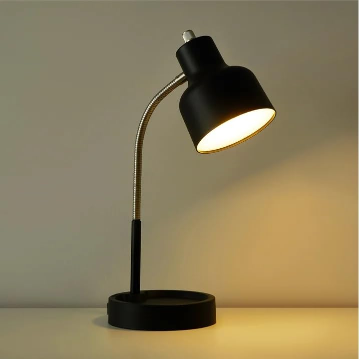 17 LED Catch-All Base AC Outlet Adjustable Flexible Desk Lamp Black