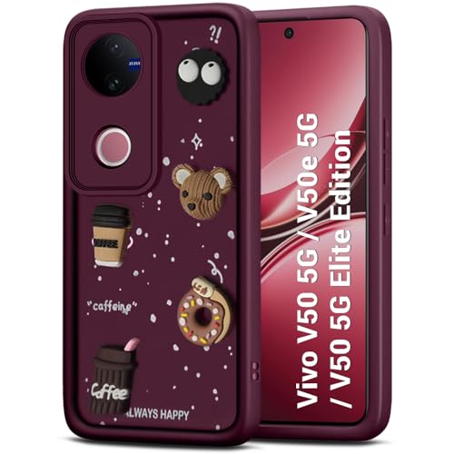 Image of TheGiftKart Back Cover Case for Vivo V50 / V50e / V50 5G Elite Edition /iQOO Z10R / Vivo T4R 5G | Cute Fun Cartoon 3D Bear Coffee Case | Full Camera Protection | Shockproof Cover (Silicone, Rose Red)