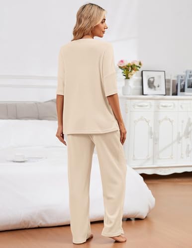 Image of JiniGolla Womens Pajama Sets Waffle Knit Short Sleeve Shirt with Long Pajama Pants Soft Sleepwear Pj Lounge Sets