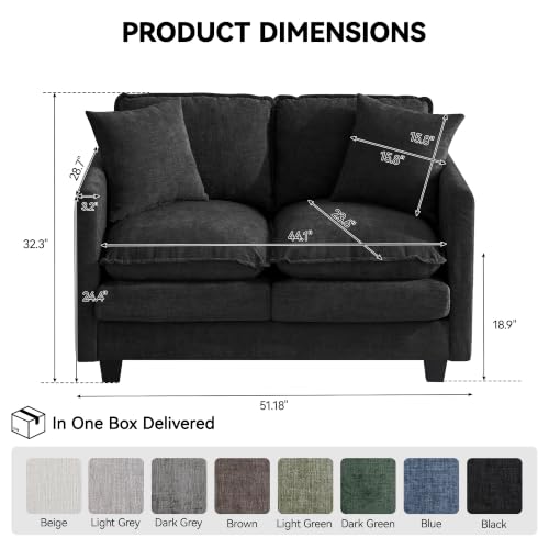 Image of 51'' Cloud Loveseat Couch, Love Seats Cloud Sofa with 2 Throw Pillows, Modern 2 Seater Sectional Couches with Deep Seat, Modular Sofas for Living Room, Bedroom, Small Apartment, Black