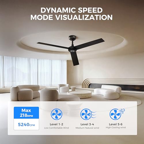 Image of TALOYA 52 inch Ceiling Fan,Black Finish,6-Speed,Dimmable,Noiseless,Reversible DC Motor,3 blades