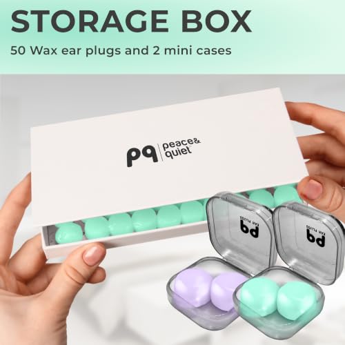 Image of Peace&Quiet PQ Wax Ear Plugs for Sleeping, Swimming - 50 Soft Noise Cancelling Silicone Gel Wax Earplugs for Sleep and Swimmers, Ear Protection with Sound Blocking Level of 32 Db, Green