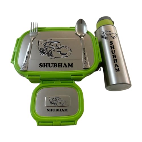 Image of Namoh Customization Personalized | Tiffin Customized Lunch Box | Personalized Lunch Box with Bottle with Name and Cartoon | Customized Tiffin with Bottle Leak Proof. (Parrot Green)