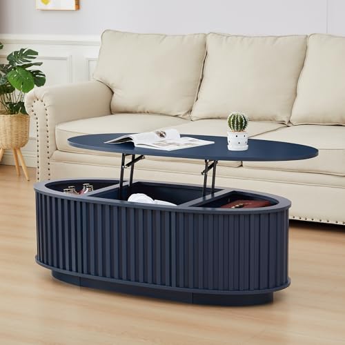 Oval Coffee Table, 43.3'' Fluted Lift Top Coffee Table with Hidden Storage - image 1