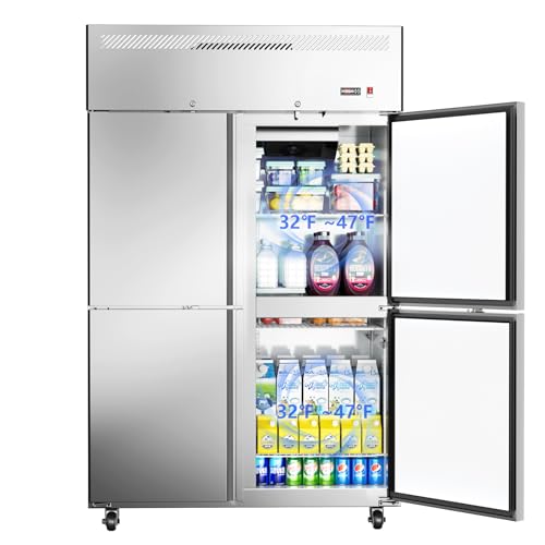 Image of ECEVT 48" W 4 Door Commercial Refrigerator, 36 Cu.ft Stainless Steel Industrial Fridge (32℉~47℉) with 8 Adjustable Shelves, Lockable Door, Wheels, Auto-Defrost for Restaurant, Kitchen, Shop