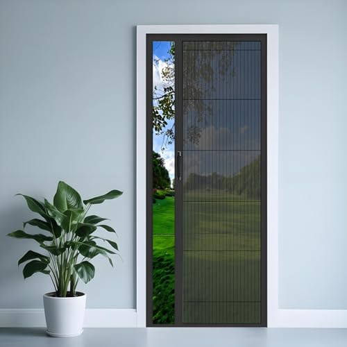 Image of Retractable Screen Doors 50x50in with Aluminum Frame and Durable Mesh, Low Profile Tracks Sliding Door, Black No Drilling Folding Door for Yard Bedroom Balcony
