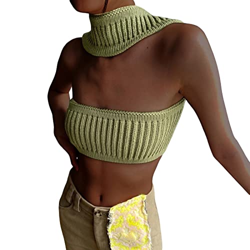 Strapless Crop Top For Women Twist Front Hollow Knitted Tube Top Sleeveless Bandeau Bustier Tops Aesthetic Clothes(D Ribbed Green,S) #TOP23