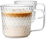 Aquach 16 Oz Glass Coffee Cups, Clear Tea Mugs with Handle, Microwave and Dishwasher Safe Home Office Drinking Mugs Perfect for Americano Cappuccino Hot&Cold Beverages, 2-Pack