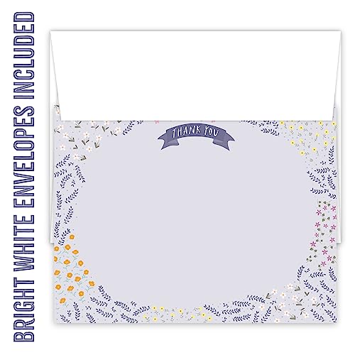 Image of Koko Paper Co Purple Thank You Cards Flat - Wildflower Design Summer Stationery for Weddings, Baby Showers, Events, Everyday Notes - Made in USA - Set of 25 Blank Floral Note Cards (Flat, Not Folded)