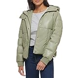 Levi's Women's Cinch Waist Puffer Jacket, Sea Green Faux Leather With Hood, Medium