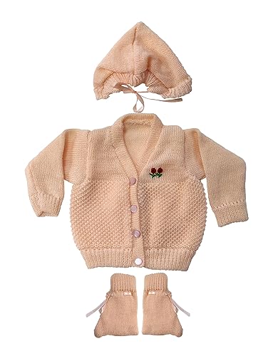 Image of Infants Woollen Set /Babies Woolen Sweater(Peach, 3 to 6 Months) 3 Pcs Set