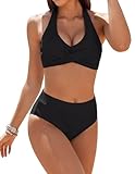 Ekouaer Bikini Damen Set Push Up Badeanzug Zweiteiliger Sexy Bauchweg High Waist Neckholder Bademode Strand Bikinis Swimsuit Schwarz L