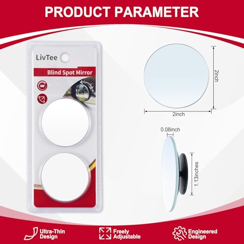 Image of LivTee Blind Spot Mirror, 2 inch Round HD Glass Frameless Convex Rear View Mirrors Exterior Accessories with Wide Angle Adjustable Stick for Car SUV and Trucks, Pack of 2