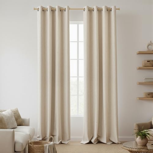 Image of 100% Blackout Linen Textured Curtains for Bedroom Full Light Blocking Room Darkening Bronze Grommet Window Drapes Thermal Insulated Energy Efficient Home Decor 52x84 Linen (2 Panels)