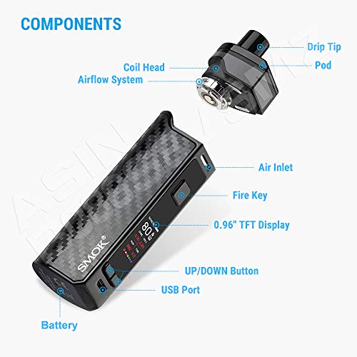 Official-SMOK-E-Cigarettes-RPM80-Kit-with-Built-in-3000mAh-Battery-80-Watts-096-TFT-Colorful-Display-2ml-Pod-Mesh-04ohm-and-RGC-017ohm-Black-Carbon-Fiber-UK-No-Nicotine