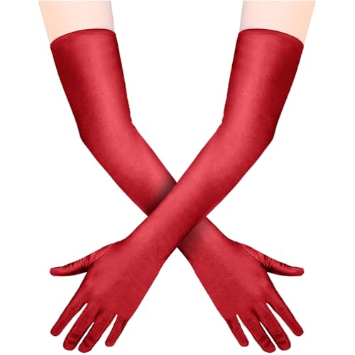 Quelcc Red Satin Long Gloves for Women - 1920s Style Opera Bridal Wedding Prom Halloween