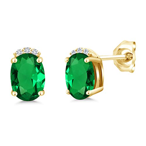 Gem Stone King 1.26 Ct Green Simulated Emerald G/H Lab Grown Diamond 18K Yellow Gold Plated Silver Earrings