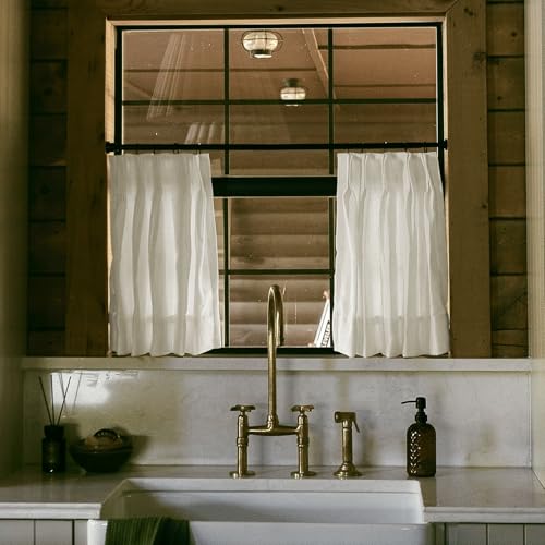 Image of TWOPAGES 34 inch inch W x 24 inch inch L Linen Blend Cafe Curtains for Kitchen Window, Light Filtering Pinch Pleated Tier Curtains, Modern Farmhouse Half Window Curtains for Bathroom, Ivory White, 2 Panels