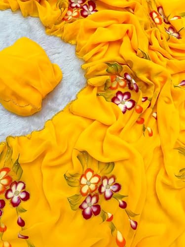 Image of Arkia Women's Floral Hand Embroidered Hand Painted Georgette Saree with Flowers, Traditional Indian Ethnic Wear