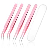 4PCS Tweezers for Crafting, Stainless Steel Sticker Tweezer Pink Straight and Curved Tip Tweezer Craft Tweezers Kit Jewelry Making Tools for DIY Sticker Crafting Eyelash Extensions Nail Art